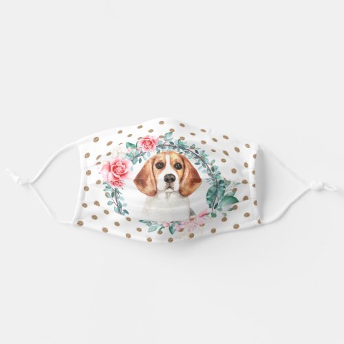 Beagle watercolor dog face rose polka dot wreath adult cloth face mask