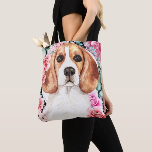 Beagle watercolor dog face rose wreath art tote bag
