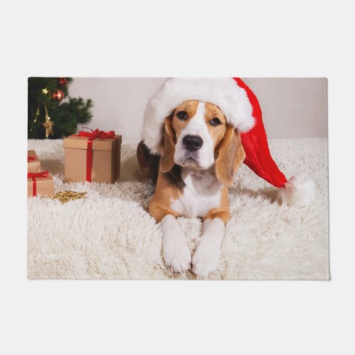 Beagle wearing Santa Hat Doormat