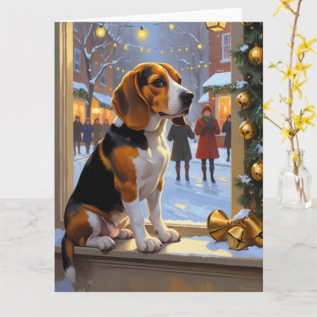Beagle With Christmas Lights Holiday Card (Yellow Flower)
