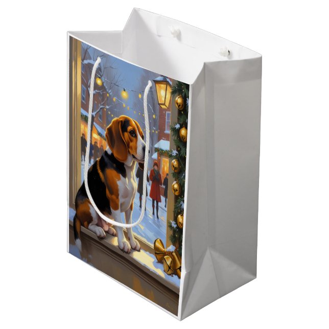 Beagle With Christmas Lights Holiday Medium Gift Bag (Front Angled)