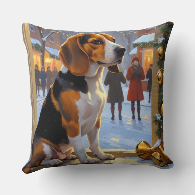Beagle With Christmas Lights Holiday Throw Pillow (Back)