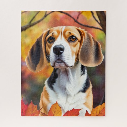 Beagle With Fall Leaves Autumn Art Jigsaw Puzzle