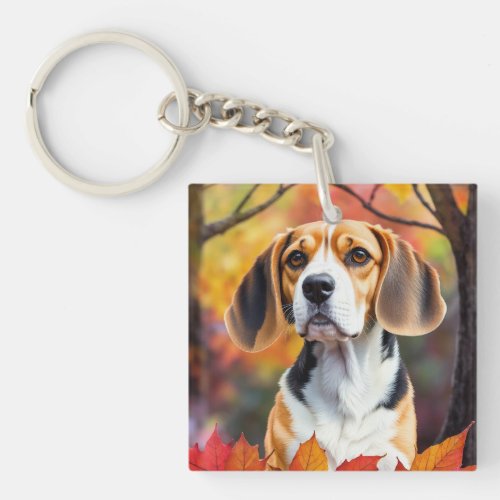 Beagle With Fall Leaves Autumn Art Keychain