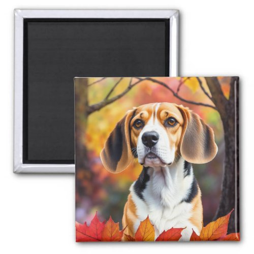 Beagle With Fall Leaves Autumn Art Magnet