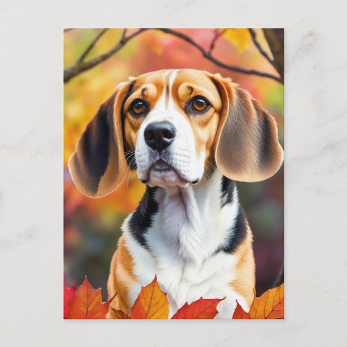Beagle With Fall Leaves Autumn Art Postcard