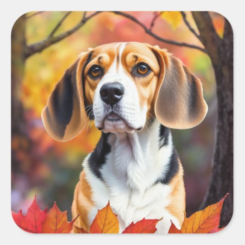Beagle With Fall Leaves Autumn Art Square Sticker