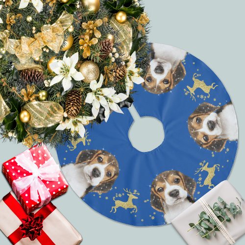 Beagle with Gold Glitter Deer Christmas  Blue Brushed Polyester Tree Skirt