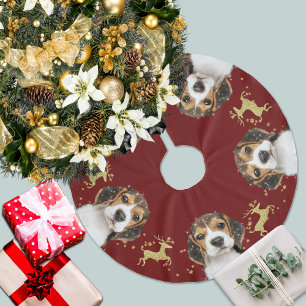 Beagle with Gold Glitter Deer Christmas Red Brushed Polyester Tree Skirt