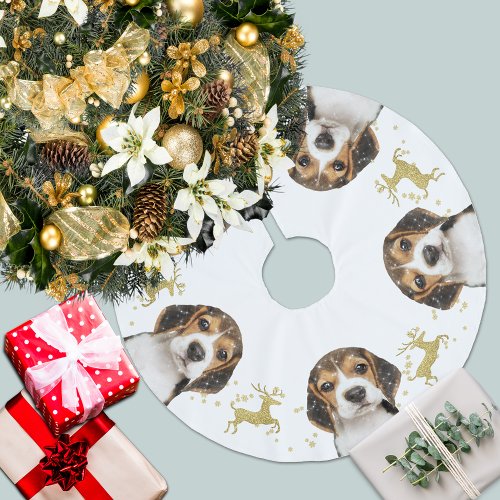 Beagle with Gold Glitter Deer Christmas  White Brushed Polyester Tree Skirt