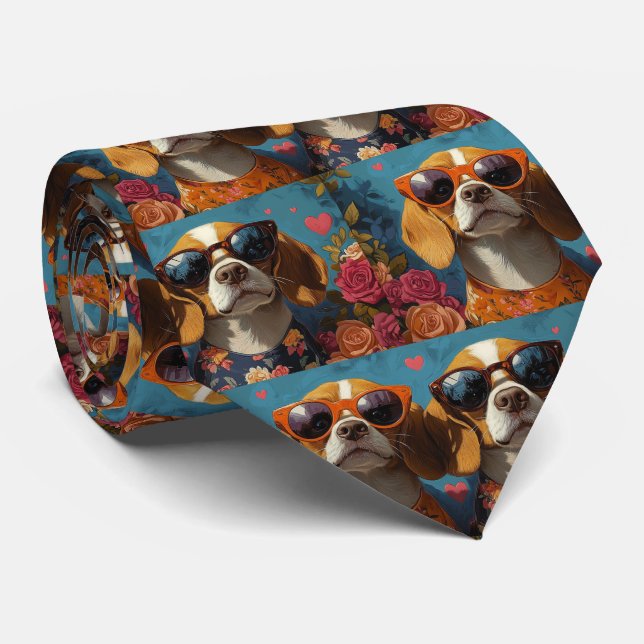 Beagle with Heart Roses Valentine's Day Neck Tie (Rolled)