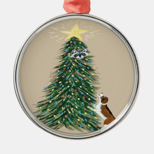 Beagle With Raccoon In Christmas Tree Metal Ornament