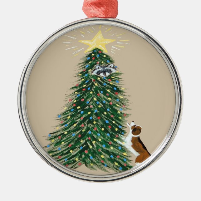 Beagle With Raccoon In Christmas Tree Metal Ornament (Front)