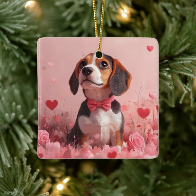 Beagle with Roses - Valentine's Day Ceramic Ornament (Tree)