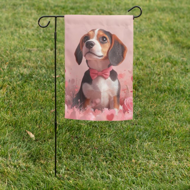 Beagle with Roses - Valentine's Day Garden Flag (In SItu)