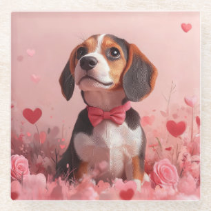 Beagle with Roses - Valentine's Day Glass Coaster