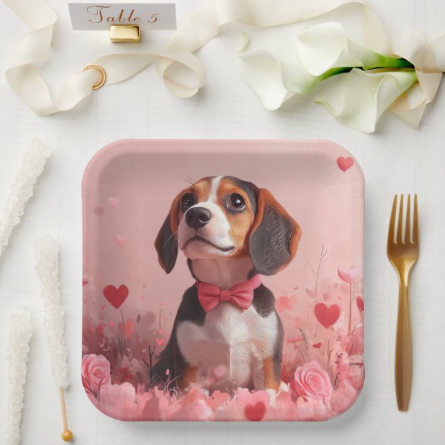 Beagle with Roses - Valentine's Day Paper Plates (Wedding)