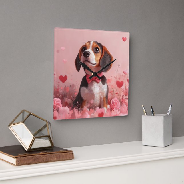 Beagle with Roses - Valentine's Day Square Wall Clock (Office)