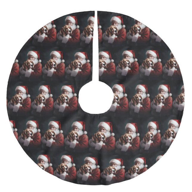 Beagle With Santa Claus Festive Christmas Brushed Polyester Tree Skirt (Front)