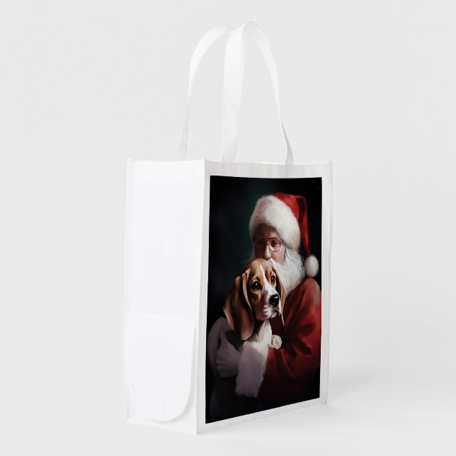 Beagle With Santa Claus Festive Christmas Grocery Bag (Front Side)