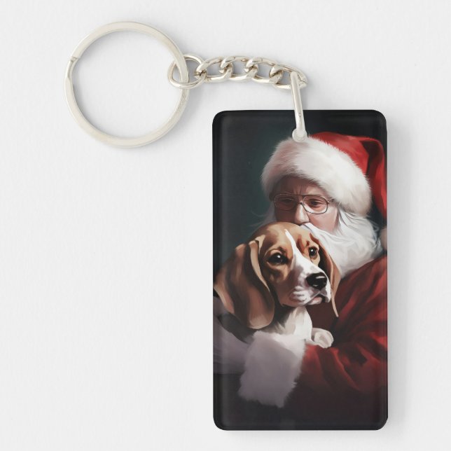 Beagle With Santa Claus Festive Christmas Keychain (Front)