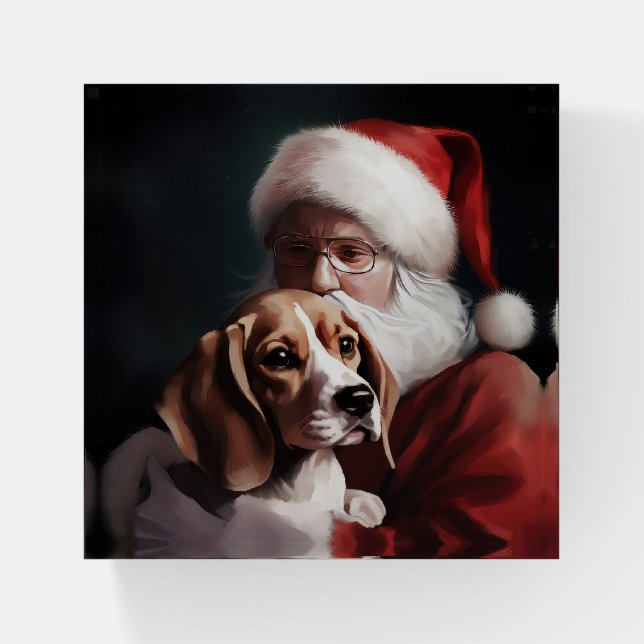 Beagle With Santa Claus Festive Christmas Paperweight (Front)