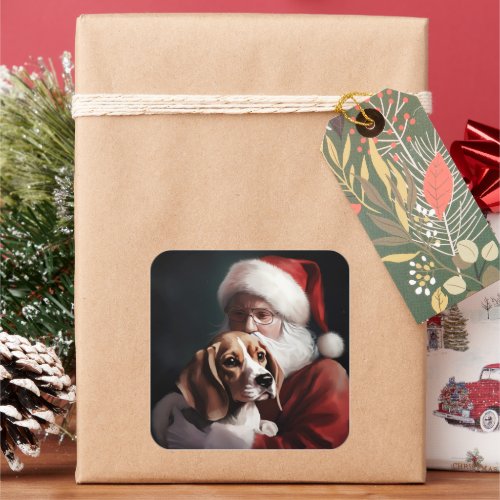 Beagle With Santa Claus Festive Christmas Square Sticker