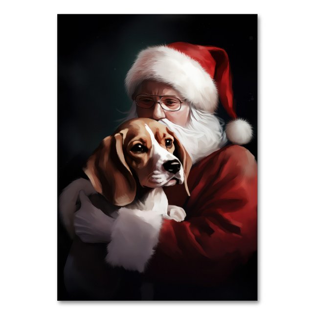 Beagle With Santa Claus Festive Christmas Table Number (Front)