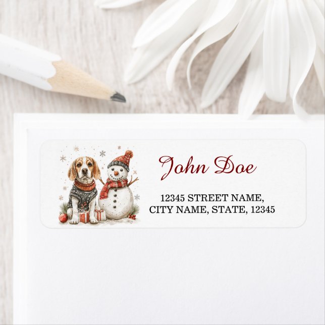 Beagle with Snowman Christmas Return Address Label (Insitu)