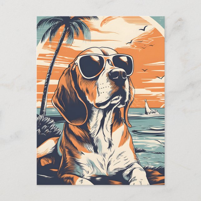 Beagle with sunglasses at a beach holiday postcard (Front)