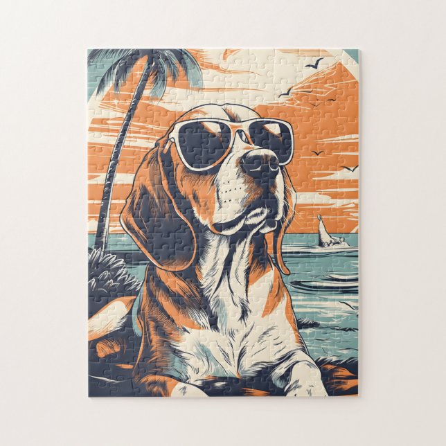 Beagle with sunglasses at a beach jigsaw puzzle (Vertical)