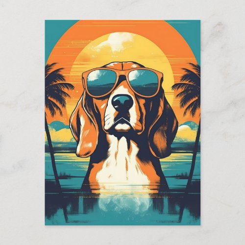 Beagle with sunglasses at a tropical beach postcard