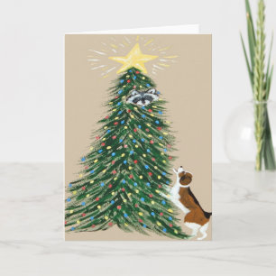 Beagle With Treed Raccoon Holiday Card