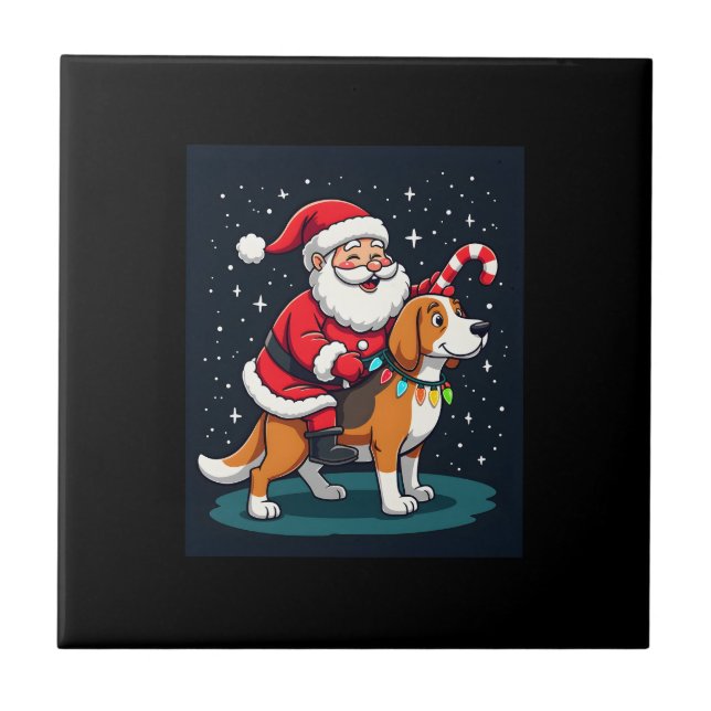 Beagle Xmas Lighting Santa Riding Beagle Dog Chris Ceramic Tile (Front)