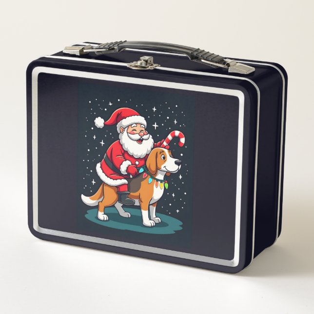 Beagle Xmas Lighting Santa Riding Beagle Dog Chris Metal Lunch Box (Front)