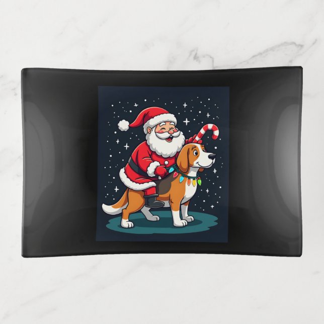 Beagle Xmas Lighting Santa Riding Beagle Dog Chris Trinket Tray (Front)