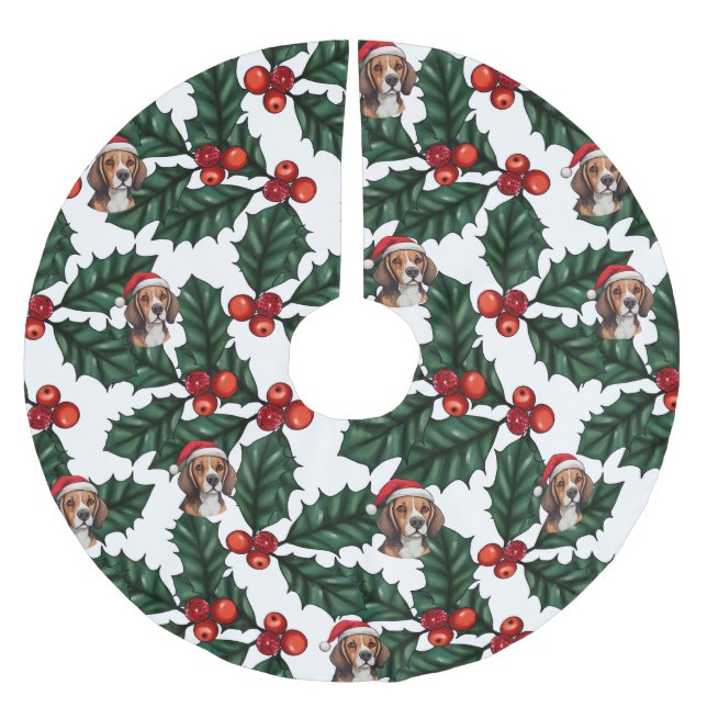 Beagles and Holly Brushed Polyester Tree Skirt (Front)