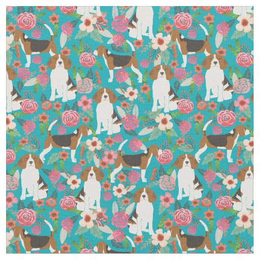 Beagles Flowers Fabric - Turquoise