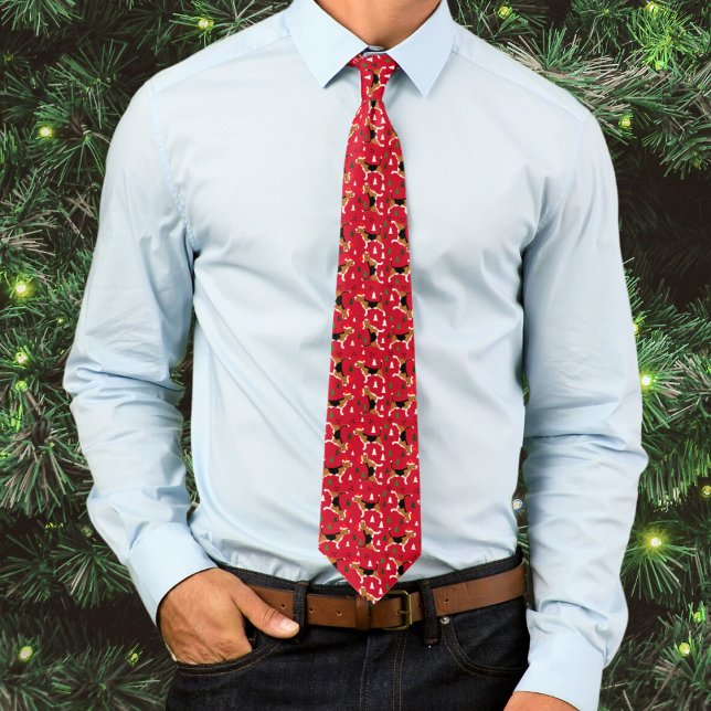 Beagles in Santa Hats Christmas Holiday Red Neck Tie (Beagles in Santa Hats Christmas Holiday Neck Tie in Red)