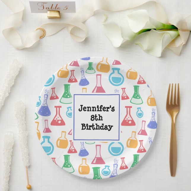 Beakers and Flasks Fun Science Pattern Birthday Paper Plates (Wedding)