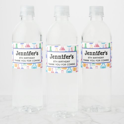 Beakers and Flasks Fun Science Pattern Birthday Water Bottle Label