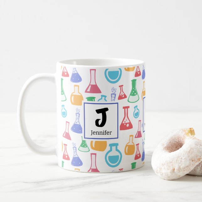 Beakers and Flasks Fun Science Pattern Monogram Coffee Mug (With Donut)