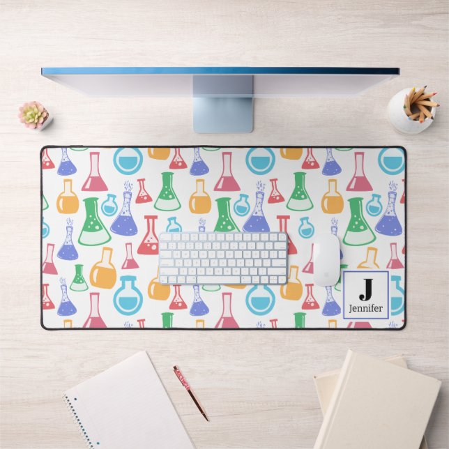 Beakers and Flasks Fun Science Pattern Monogram  Desk Mat (Office 1)