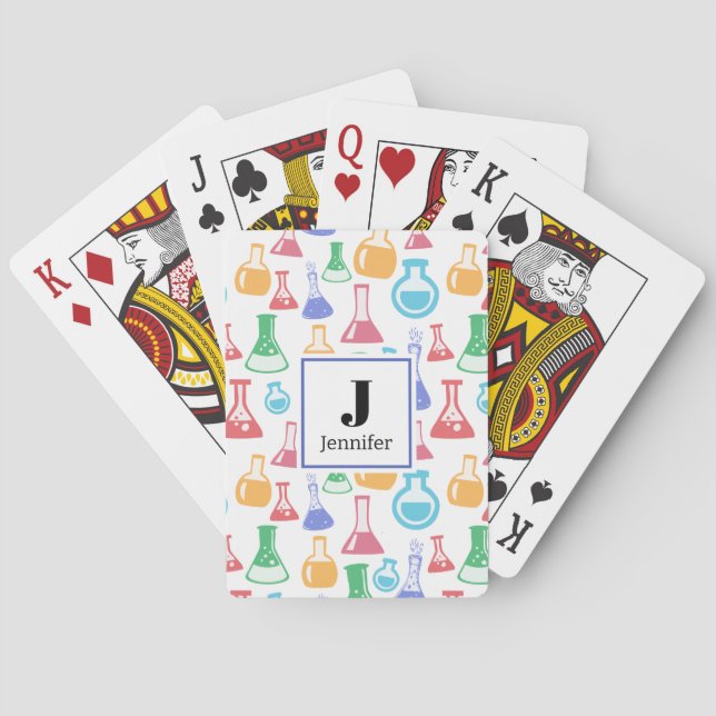 Beakers and Flasks Fun Science Pattern Monogram Poker Cards (Back)
