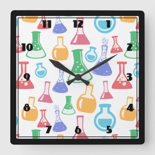 Beakers and Flasks Fun Science Pattern Square Wall Clock