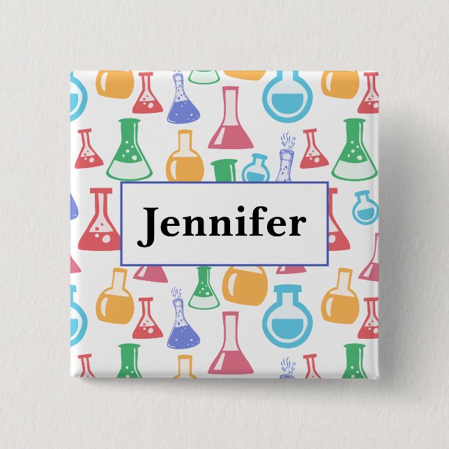 Beakers and Flasks Fun Science Pattern with a Name Button (Front)