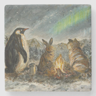Beam Lingering Whimsical Aurora Animals Painting Stone Coaster