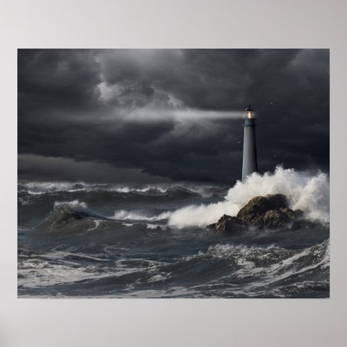 Beam of Light Shining into Stormy Ocean Poster
