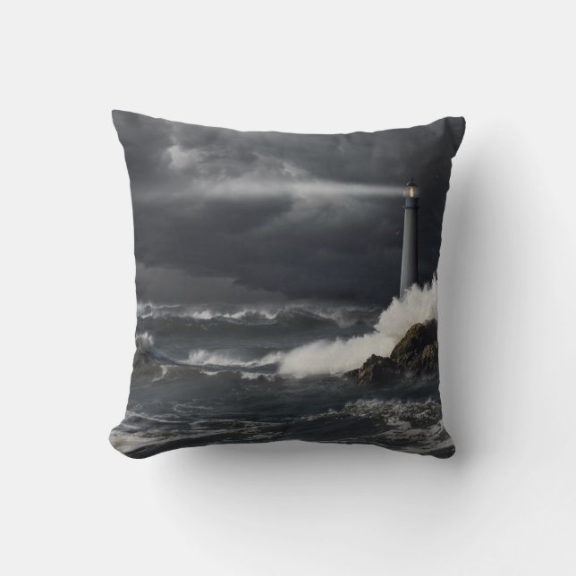Beam of Light Shining into Stormy Ocean Throw Pillow (Front)