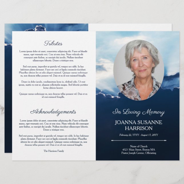 Beams of Light Oval Photo Blue Funeral Program (Front/Back)